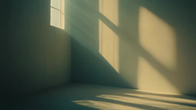Sunbeams streaming through a window caste strong shadows across the floor and wall of an empty, minimalist room, creating a serene and contemplative atmosphere, symbolizing hope and new beginnings