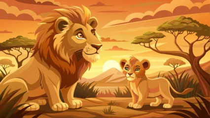Glasschilderij Kinderkamer Lion and cub in the african savanna scene  © sumona