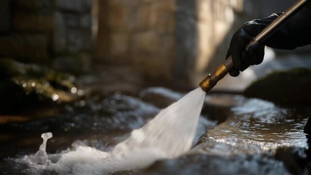 A maintenance operation features a powerful stream forming a jet of high water pressure, blasting dirt from stone surfaces and highlighting industrial cleaning efficiency and force. cinematic color