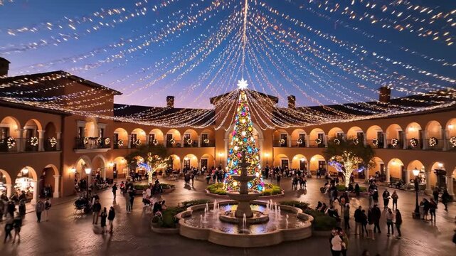 Sweeping aerial drone shot gliding over a brightly lit traditional stucco plaza adorned with colorful Christmas decorations at twilight town, lit, cityscape