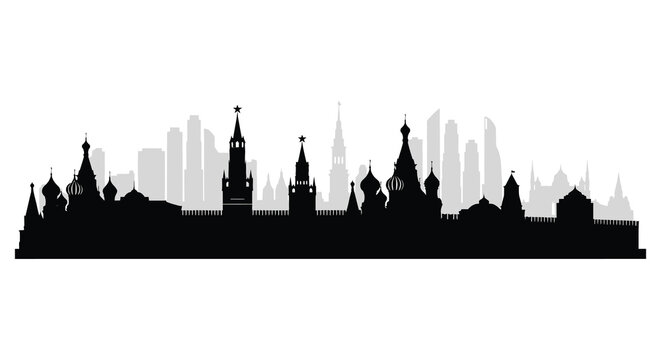 A striking black silhouette of moscow s skyline featuring iconic architecture and red square displaying a unique profile silhouette high quality professional