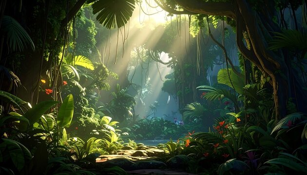 A vibrant, verdant, animated forest scene, bathing in sunbeams, offering glimpses into its deep interior. Pathways suggest exploration