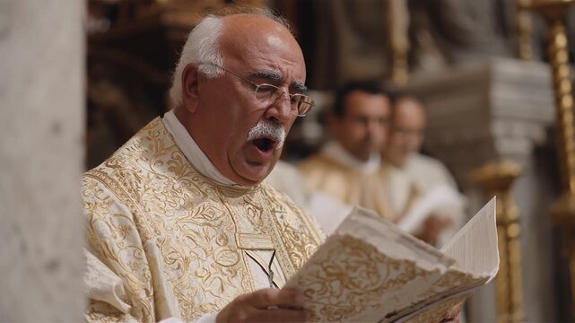 Catholic Priest Singing Sacred Music During Mass Inside Church