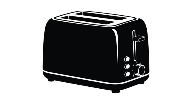 A stark black silhouette of a classic kitchen toaster stands prominently against a bright white background silhouette high quality professional detailed