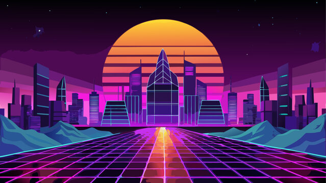 Retro city landscape with sunset and grid