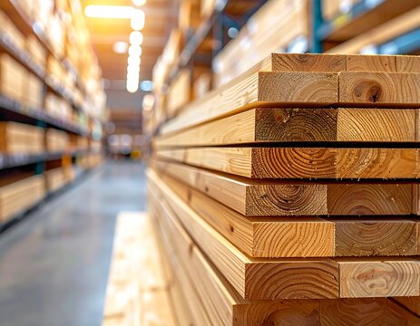 Stack of Wooden Planks in Hardware Store Aisle
