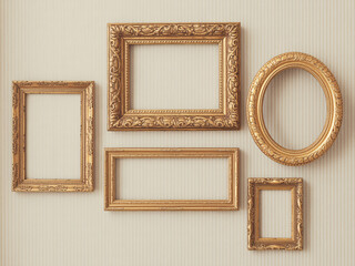 Elegant gold picture frames collection on beige wall