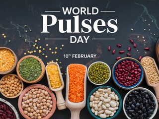 World pulses day celebration with various types of legumes and beans