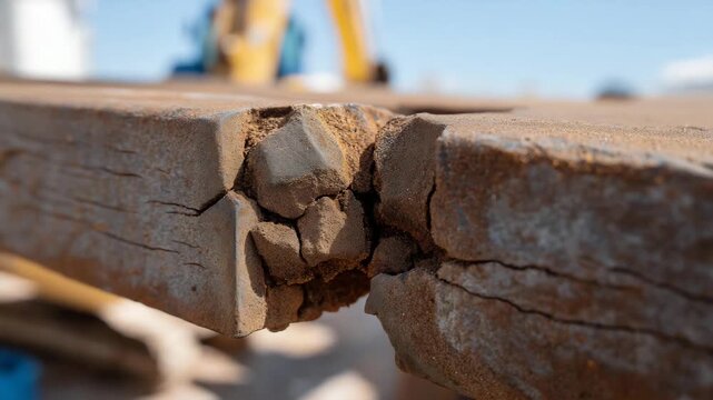 Close-up of mechanical stress affecting industrial material, cracks and strain marks highlighting pressure impact, durability limits, and physical forces in construction and manufacturing.