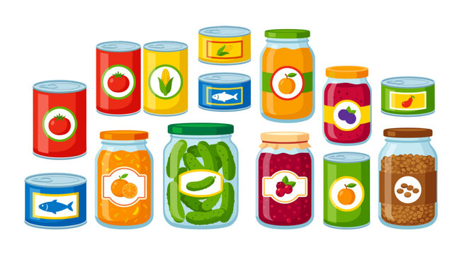 Preserved food items storing in cans and jars