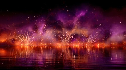 Fototapeta premium Colorful Fireworks Display Over Calm Water with Vibrant Reflections and Starry Night Sky in Beautiful Celebration Scene