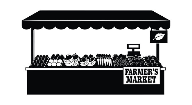 A black and white depiction of a farmer s market stall overflowing with produce presented as a silhouette high quality professional detailed