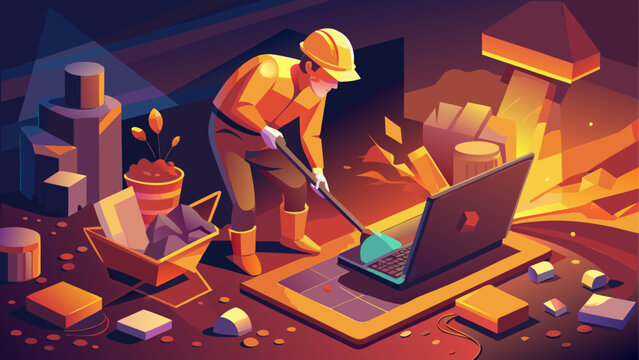 Worker cleaning a laptop with a shovel