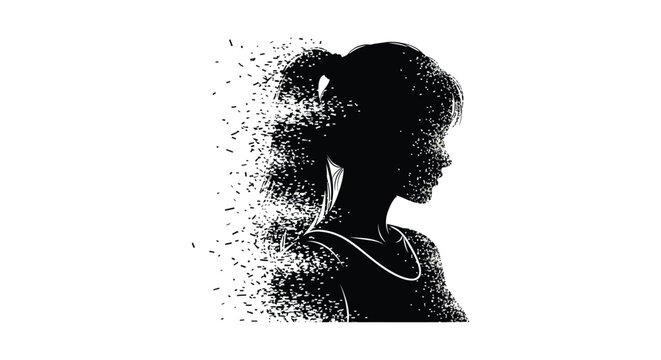 A striking black silhouette of a woman s profile with dissolving particles creating a modern art piece silhouette high quality professional detailed