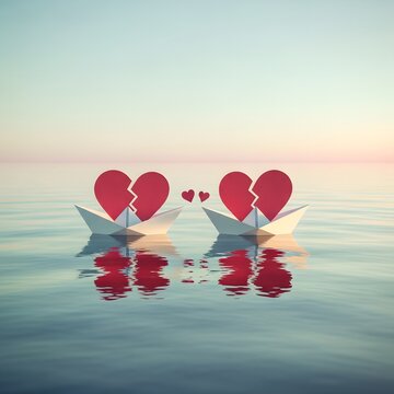 Two paper boats carrying half-hearts floating toward each other on calm water, surreal long-distance Valentine concept, soft colors