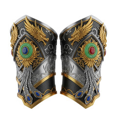 Elegant fantasy gauntlets with gold wing motifs and emerald eye gems, detailed armor for RPG or cosplay