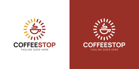 Coffee Stop Logo Design with Cup and Circular Rays