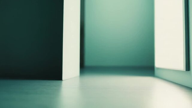 Minimalist room creating a futuristic atmosphere, showing an empty indoor space with light entering from a right side opening, reflecting on a polished concrete surface