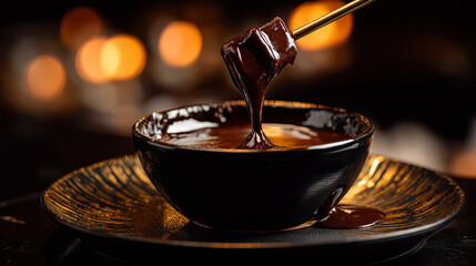 Melted chocolate fondue in black bowl, cinematic lighting