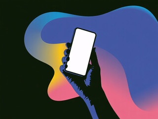 Hand holding smartphone with blank screen against colorful background