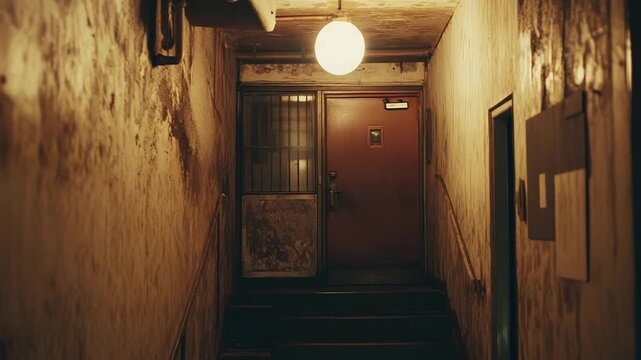 Dark, empty, and aged apartment building stairwell presenting an unsettling and eerie atmosphere connecting different floors, with low light illuminating the dirty walls and steps
