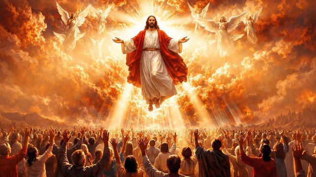 Jesus Christ appears in golden cloud of light surrounded by angels as a vast crowd on earth worships, raises hands and witnesses the glorious second coming and salvation
