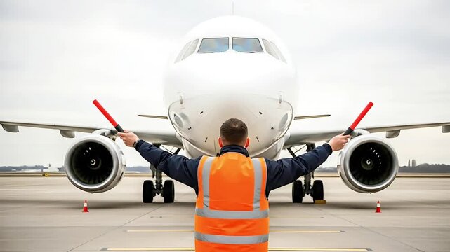 Airport ground crew marshalling aircraft with signal wands directing airplane on tarmac aviation operations