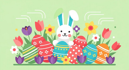 Easter bunny with colorful eggs and spring flowers on green background