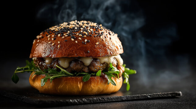 Premium gourmet burger with glossy bun and melting cheese, dark moody background