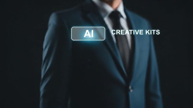 Businessman hand touching glowing button creative kits digital interface futuristic technology concept