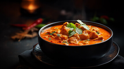 Luxury Indian curry captured in dark gourmet style.