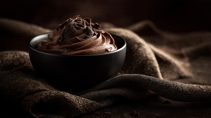 Premium chocolate mousse styled with dark cinematic elegance.