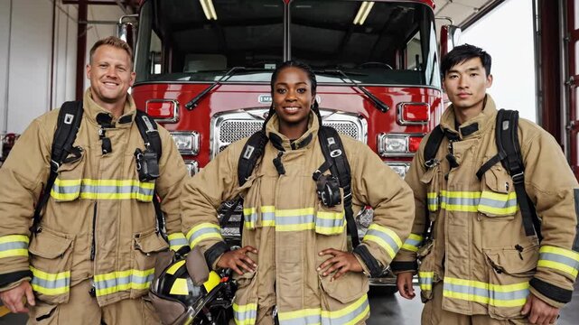 Three smiling diverse firefighters stand in uniform in front of a red fire truck at the fire station