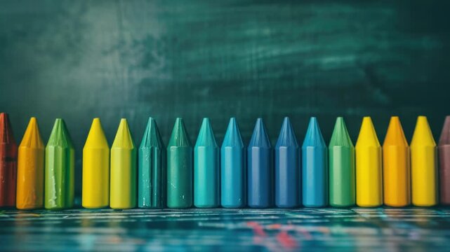 Video Colorful crayons displayed on a black chalkboard, perfect for art projects or teaching supplies