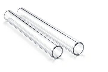 Photorealistic 3D macro product-shot of a single unbranded clear glass capillary tube placed diagonally on a pure white surface, visible thin wall thickness and crisp cut ends, realistic refraction