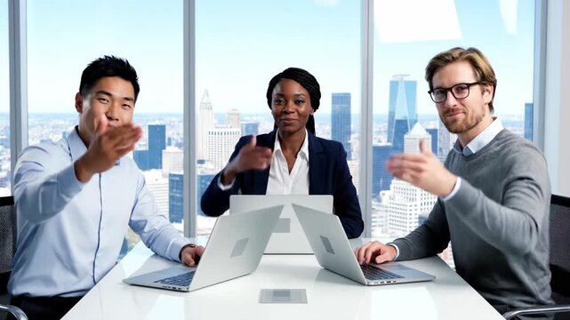 Three diverse business people collaborate on laptops, then smile at viewer, and finally offer handshakes for a welcoming business meeting