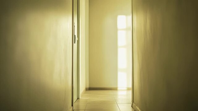 Long empty corridor with a closed side door and bright distant window light casting strong shadows on white tiled floor, evoking path, transition, and quiet possibility