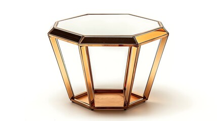 Octagonal mirrored end table with polished copper-toned metal frame stands alone against a clean white backdrop for modern interior display.