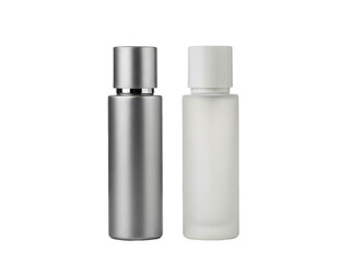 Two cosmetic bottles with silver and white caps isolated on a transparent background