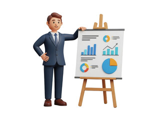 3 D man in suit presenting data charts on easel isolated on a transparent background