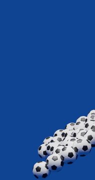 Soccer balls rain effect flying upward in abstract motion on blue screen background 3d render animation loop infinity