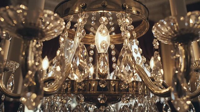 Captivating close-up of a luxurious crystal chandelier, radiating a warm, inviting glow with its multitude of sparkling facets, illuminating a grand interior with timeless elegance and opulent charm