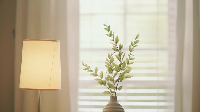 Indoor scene featuring a glowing table lamp and a decorative vase with green foliage, positioned in front of a window with horizontal blinds, creating a calm and inviting home environment