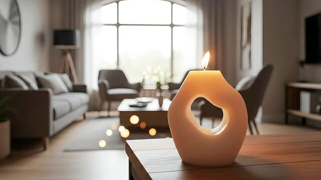 Modern living room interior with a lit abstract candle on a wooden table and a large window with soft natural light creating a cozy and serene