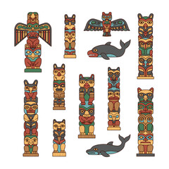 Obraz premium Totem poles set representing First Nations indigenous art culture