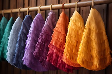 Colorful fringed garments displayed on rack