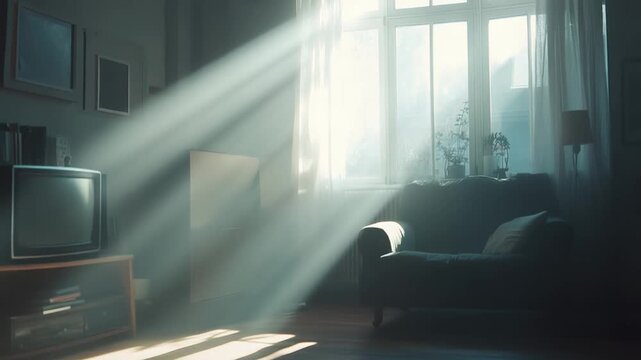 Dust motes drifting in warm sunbeams through a retro living room window, casting peaceful light over an old tv, cozy sofa, curtains and nostalgic decor