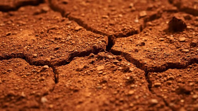 Cracked dry earth reveals its arid texture. A close-up shot captures the parched ground.