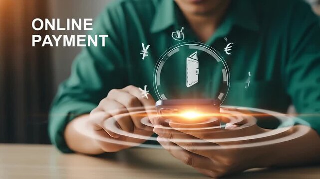 Person using smartphone for online payment digital wallet with currency symbols and wallet glowing on screen financial technology concept