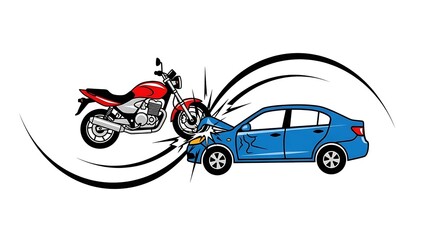 Naklejka premium Motorcycle and car crash in dramatic collision scene